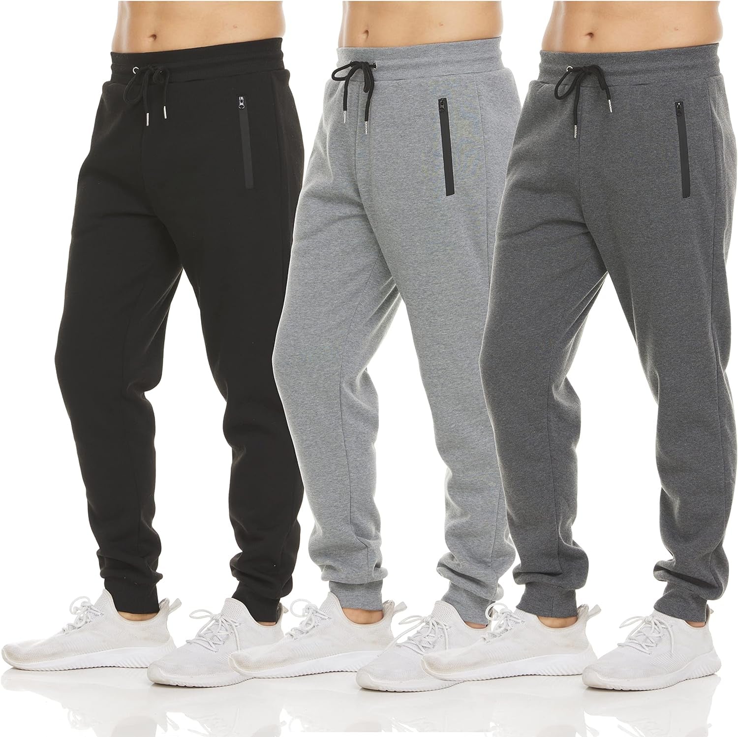 Mens 3 Pack Fleece Active Athletic Workout Jogger Sweatpants for Men with Zipper Pocket and Drawstring Size S-3XL