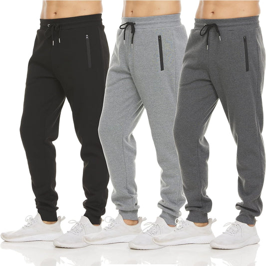 Mens 3 Pack Fleece Active Athletic Workout Jogger Sweatpants for Men with Zipper Pocket and Drawstring Size S-3XL