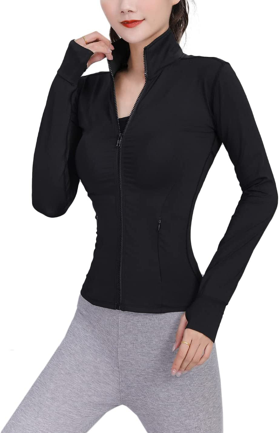 Womens Lightweight Full Zip Running Track Jacket Workout Slim Fit Yoga Sportwear with Thumb Holes