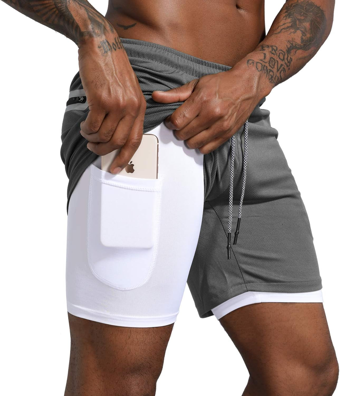 Men'S 2 in 1 Workout Running Shorts Lightweight Training Yoga Gym 7" Short with Zipper Pockets