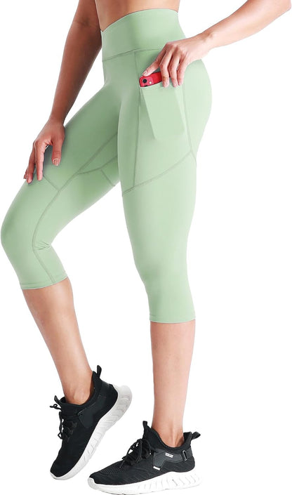 Womens High Waist Workout Legging Capris for Yoga W Side Pockets