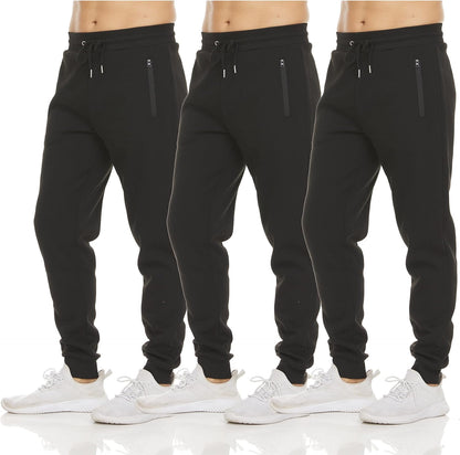 Mens 3 Pack Fleece Active Athletic Workout Jogger Sweatpants for Men with Zipper Pocket and Drawstring Size S-3XL