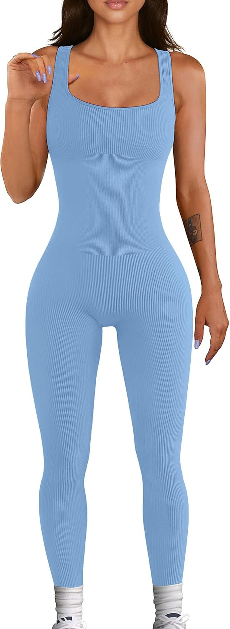 Women Workout Seamless Jumpsuit Yoga Ribbed Bodycon One Piece Tank Top Leggings Romper