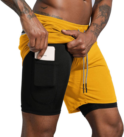 Men'S 2 in 1 Workout Running Shorts Lightweight Training Yoga Gym 7" Short with Zipper Pockets