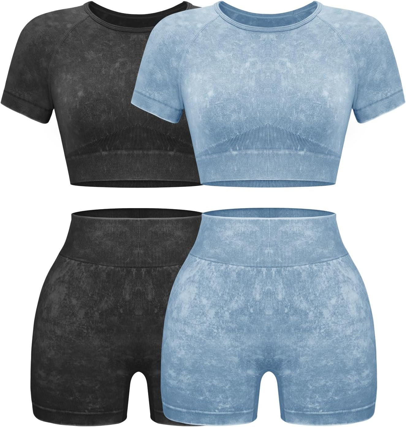 Womens Workout Sets 2 Piece - Seamless Acid Wash Yoga Outfits Shorts and Crop Top Matching Gym Athletic Clothing Set