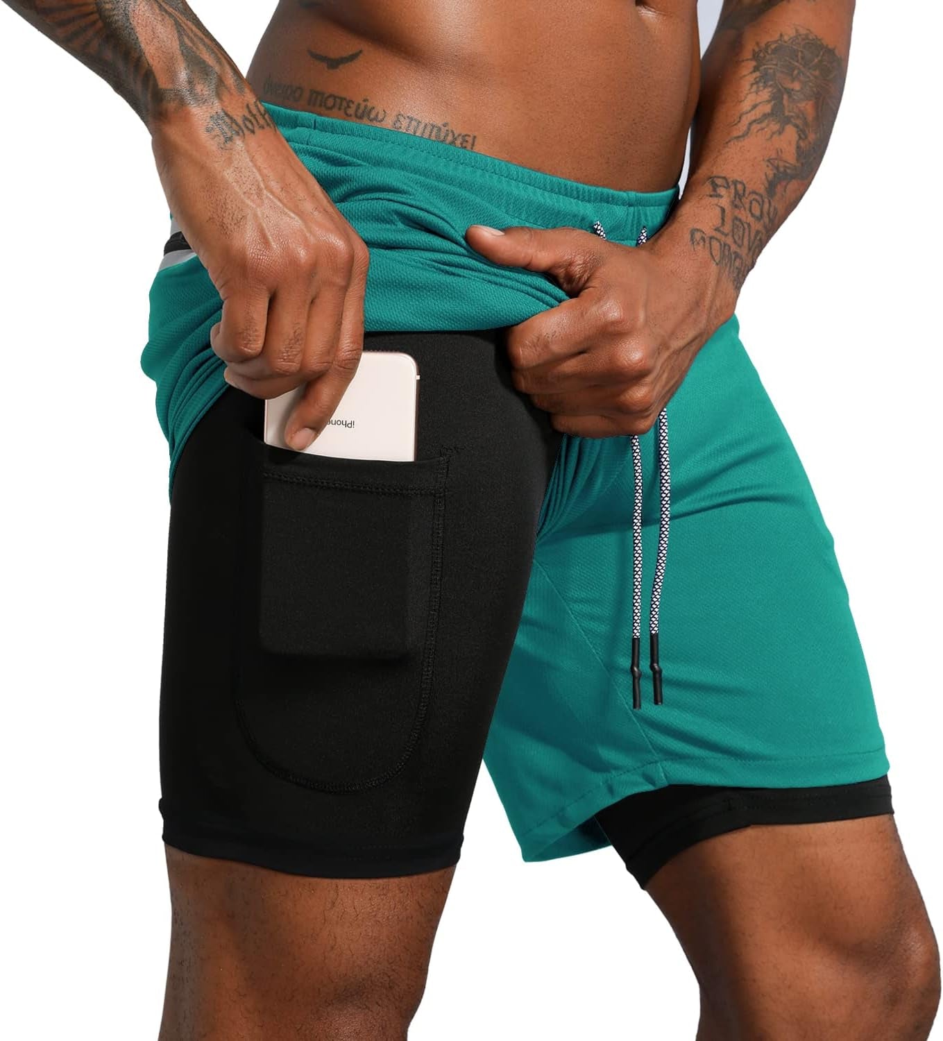 Men'S 2 in 1 Workout Running Shorts Lightweight Training Yoga Gym 7" Short with Zipper Pockets