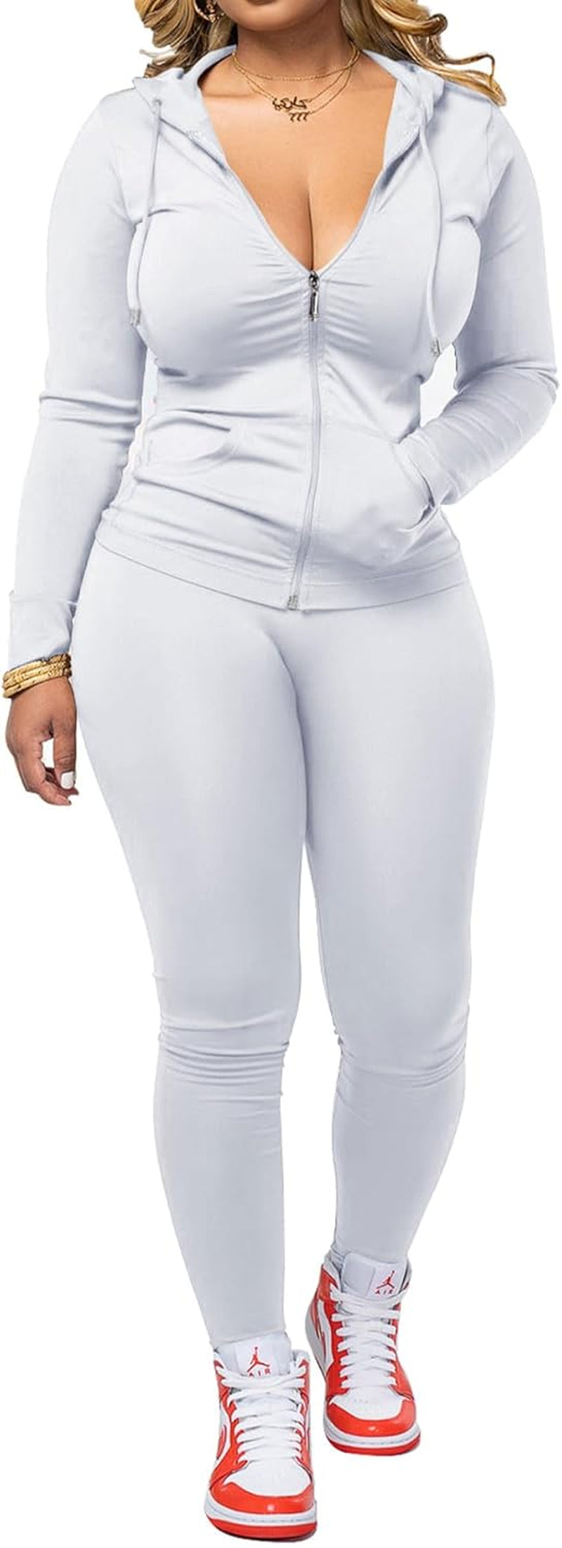 Women Two Piece Outfits Workout Sets Bodycon Tracksuit Long Sleeve Zip up Hoodie Jacket Jogger Matching Sweat Pants Set