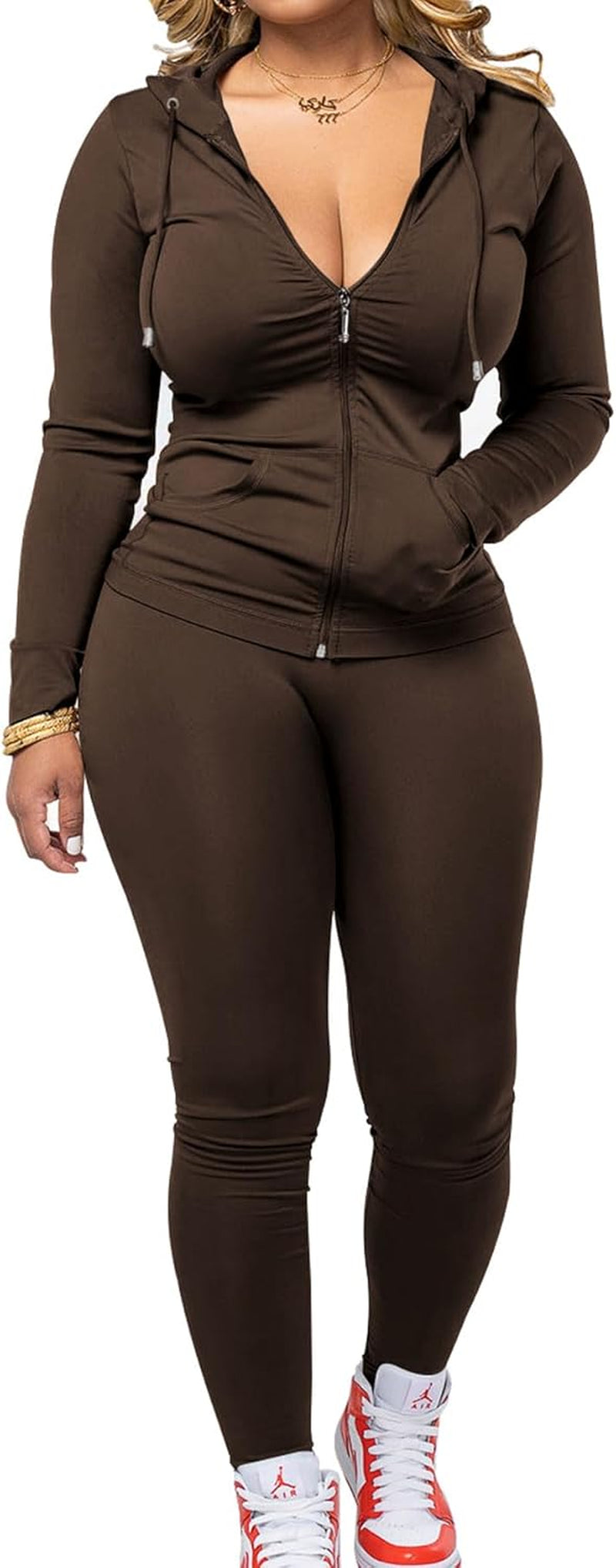 Women Two Piece Outfits Workout Sets Bodycon Tracksuit Long Sleeve Zip up Hoodie Jacket Jogger Matching Sweat Pants Set