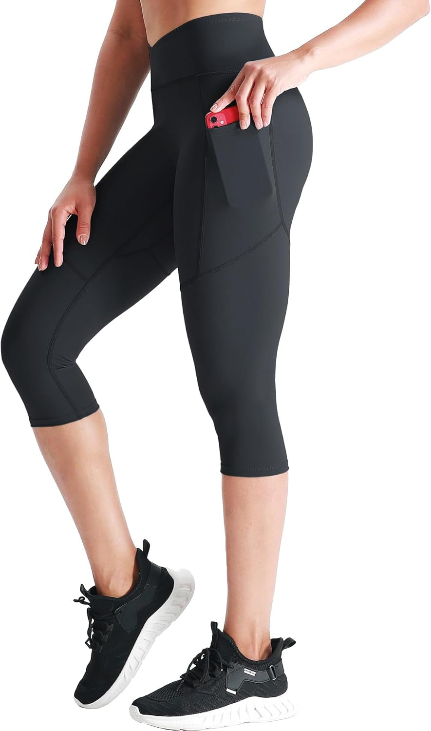 Womens High Waist Workout Legging Capris for Yoga W Side Pockets