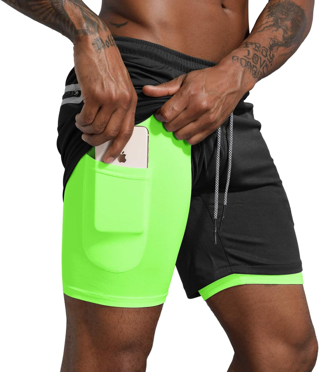 Men'S 2 in 1 Workout Running Shorts Lightweight Training Yoga Gym 7" Short with Zipper Pockets