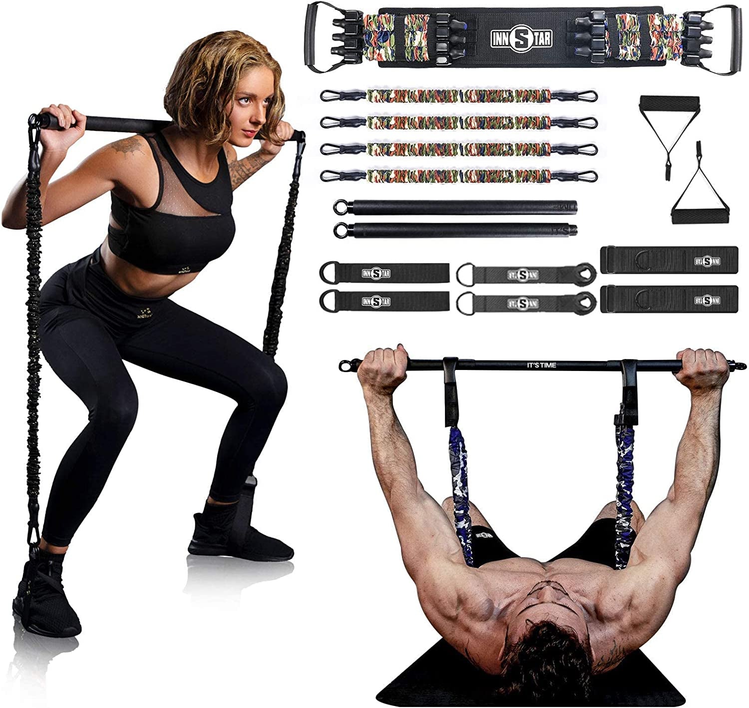 Resistance Bands Bar Exercise Bands Attachment 38" Black Max Load 800Lb for Home Gym Workout Full Body Workout Power Lifting Fitness Bar