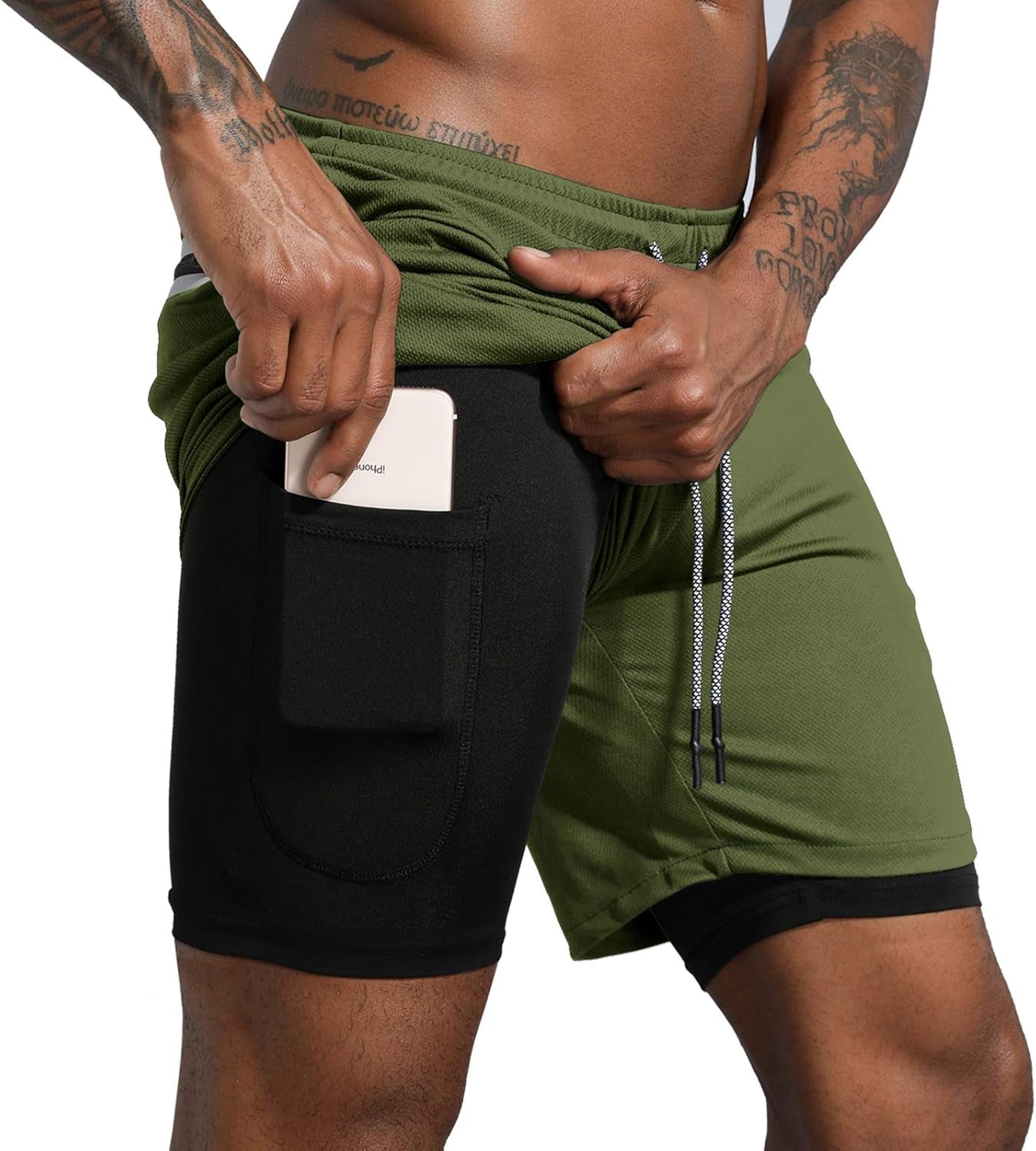 Men'S 2 in 1 Workout Running Shorts Lightweight Training Yoga Gym 7" Short with Zipper Pockets