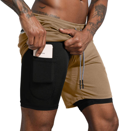 Men'S 2 in 1 Workout Running Shorts Lightweight Training Yoga Gym 7" Short with Zipper Pockets