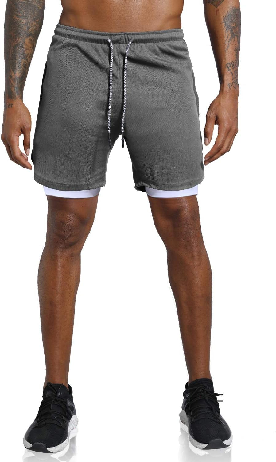 Men'S 2 in 1 Workout Running Shorts Lightweight Training Yoga Gym 7" Short with Zipper Pockets