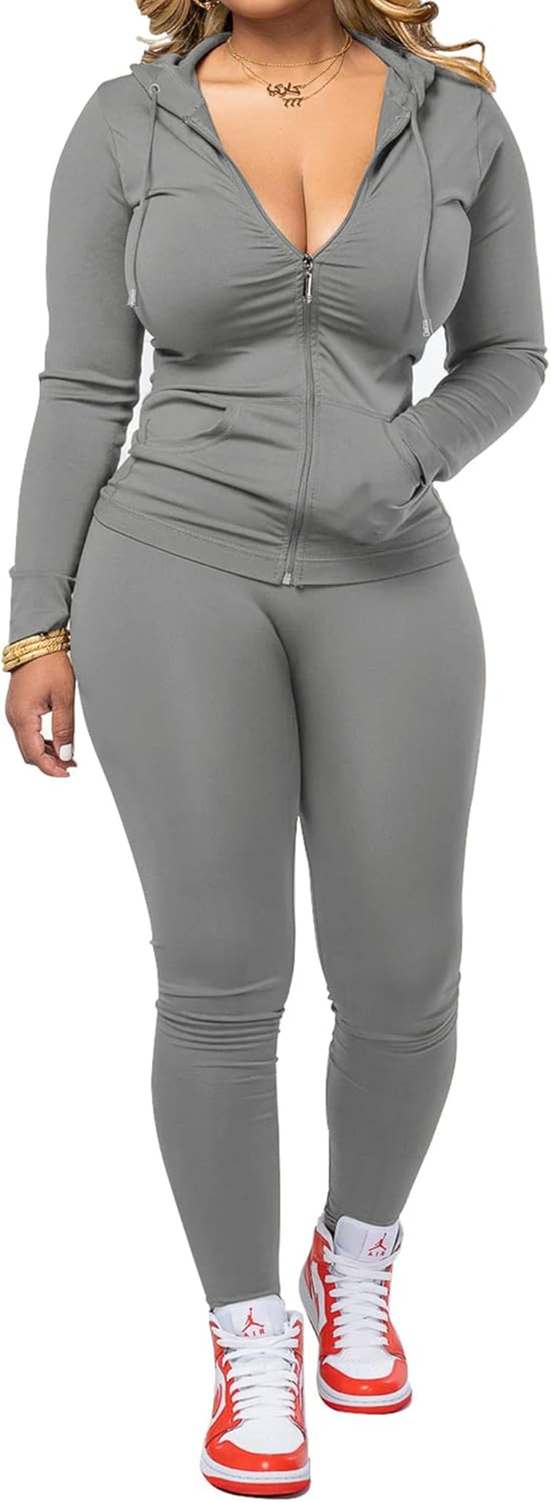 Women Two Piece Outfits Workout Sets Bodycon Tracksuit Long Sleeve Zip up Hoodie Jacket Jogger Matching Sweat Pants Set