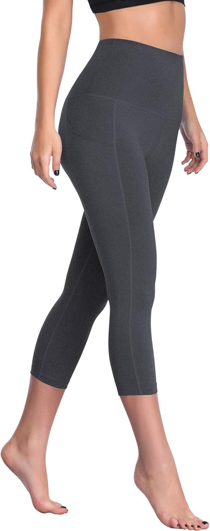 Womens High Waist Workout Legging Capris for Yoga W Side Pockets