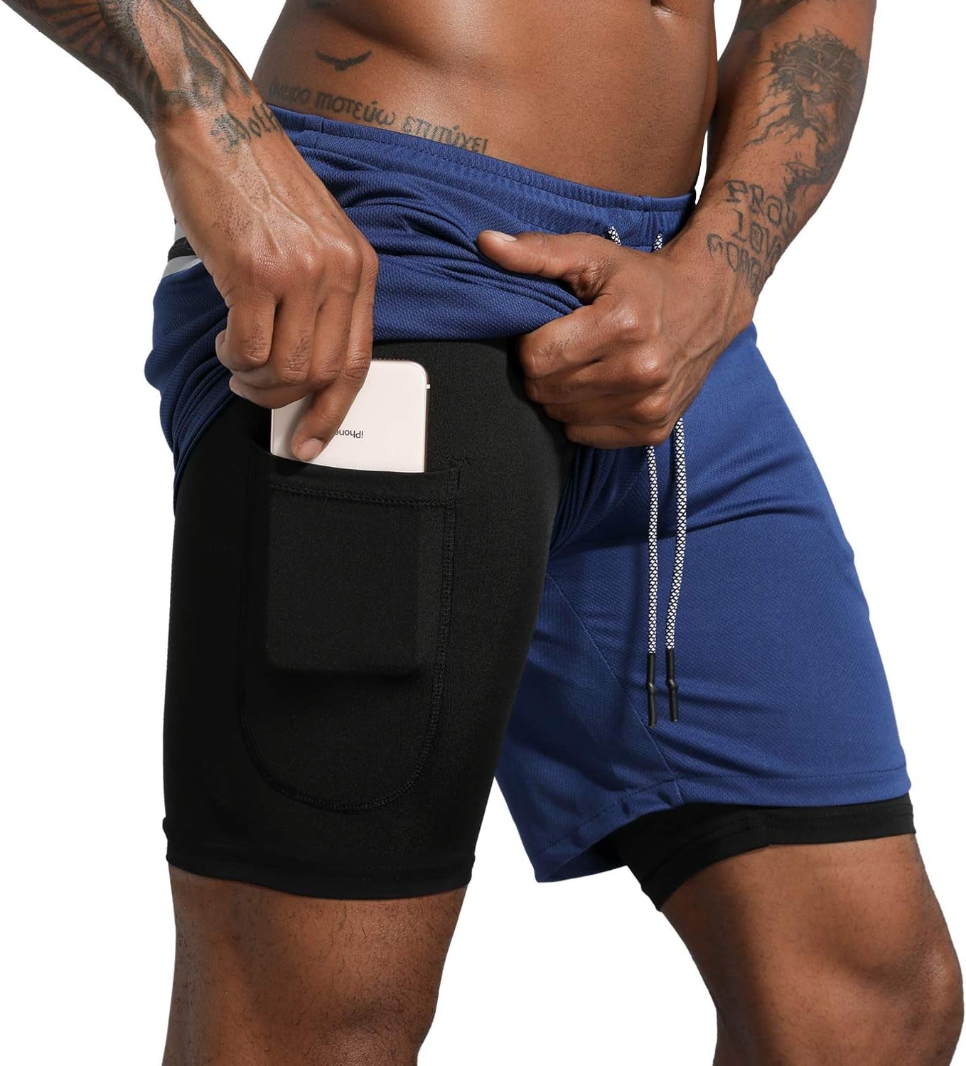 Men'S 2 in 1 Workout Running Shorts Lightweight Training Yoga Gym 7" Short with Zipper Pockets