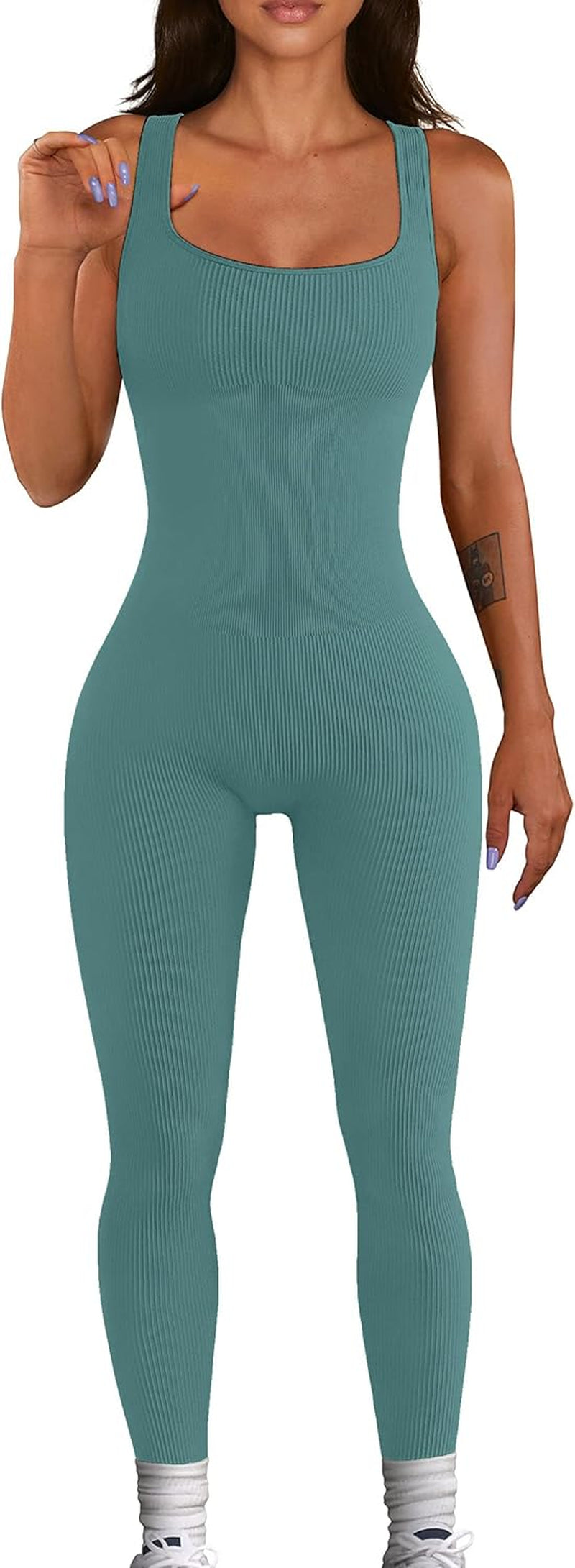 Women Workout Seamless Jumpsuit Yoga Ribbed Bodycon One Piece Tank Top Leggings Romper