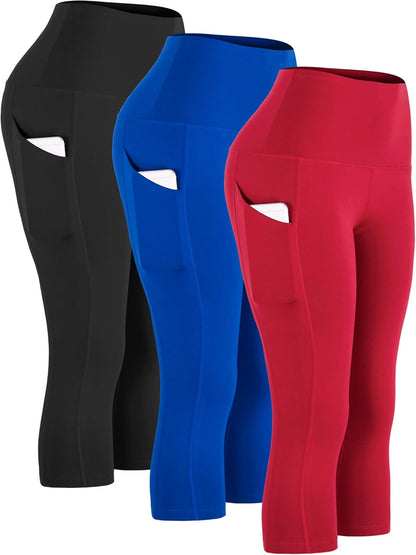 Womens High Waist Workout Legging Capris for Yoga W Side Pockets