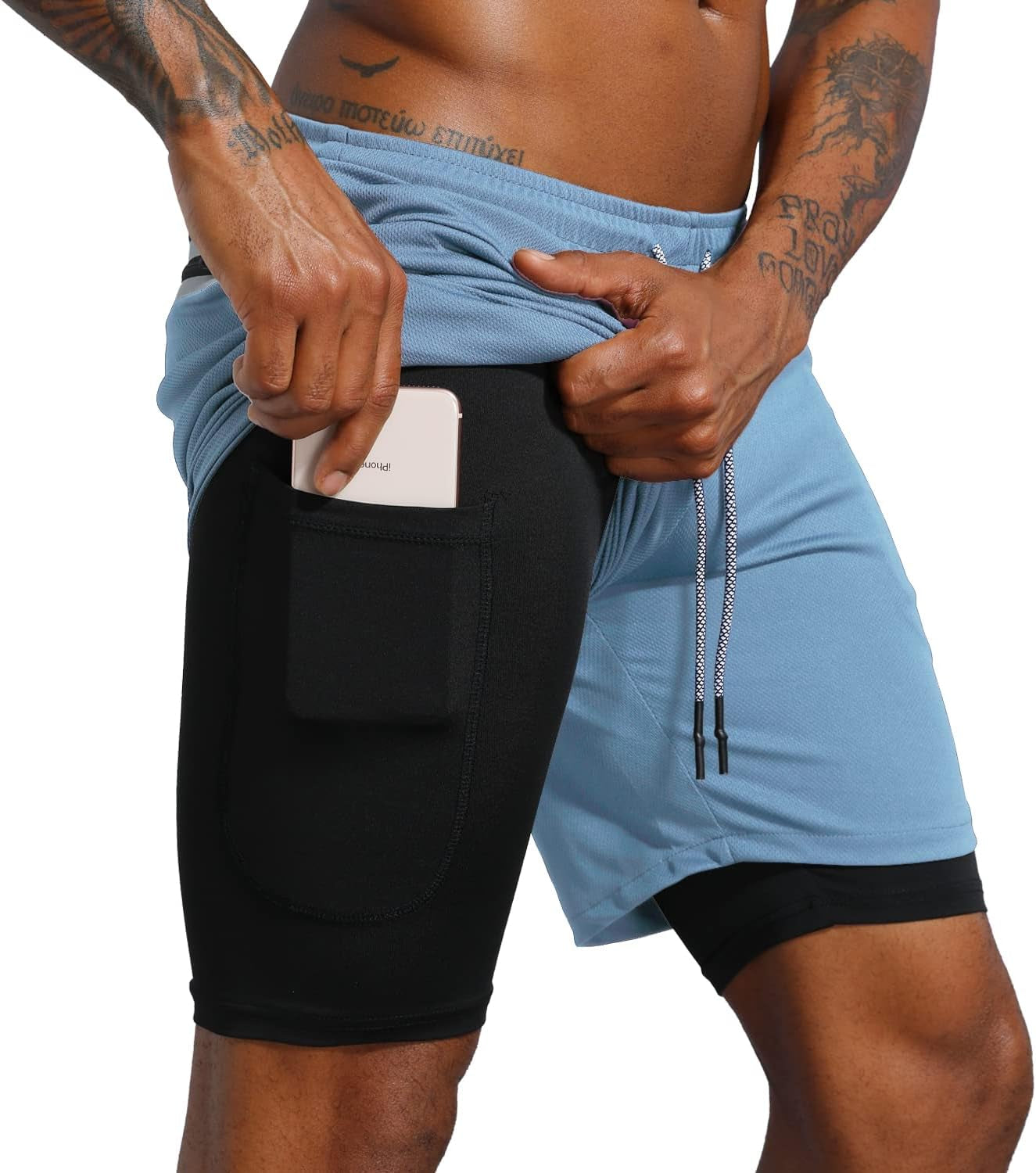 Men'S 2 in 1 Workout Running Shorts Lightweight Training Yoga Gym 7" Short with Zipper Pockets