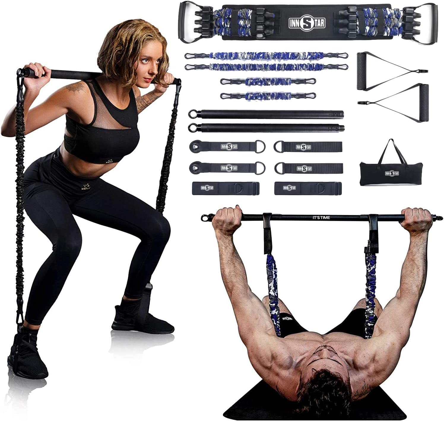 Resistance Bands Bar Exercise Bands Attachment 38" Black Max Load 800Lb for Home Gym Workout Full Body Workout Power Lifting Fitness Bar