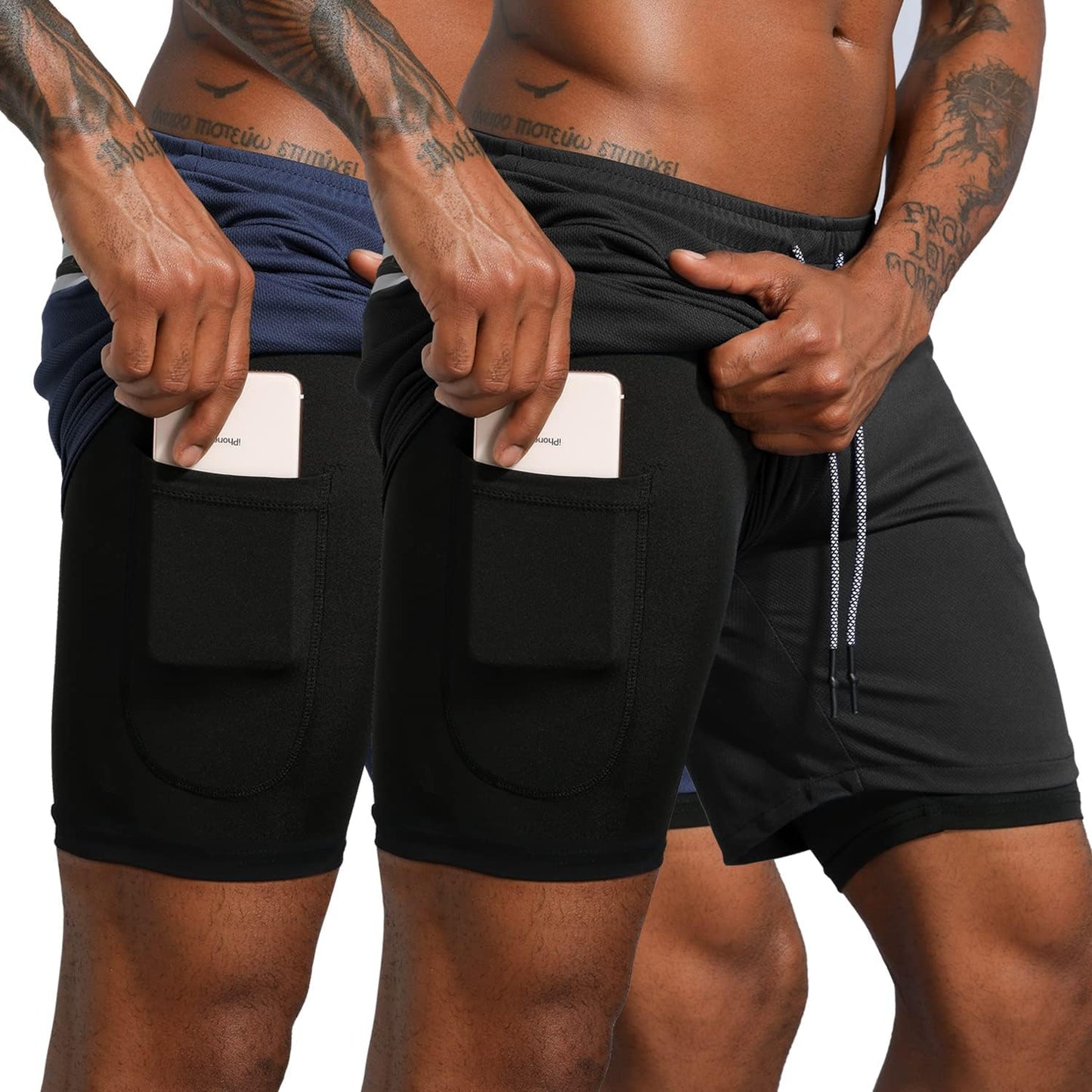 Men'S 2 in 1 Workout Running Shorts Lightweight Training Yoga Gym 7" Short with Zipper Pockets