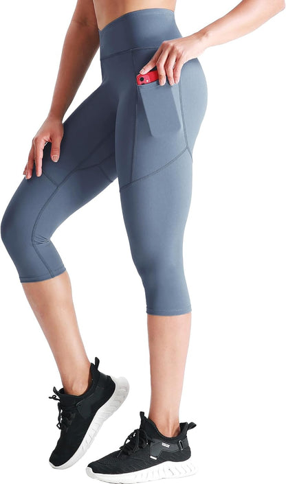 Womens High Waist Workout Legging Capris for Yoga W Side Pockets