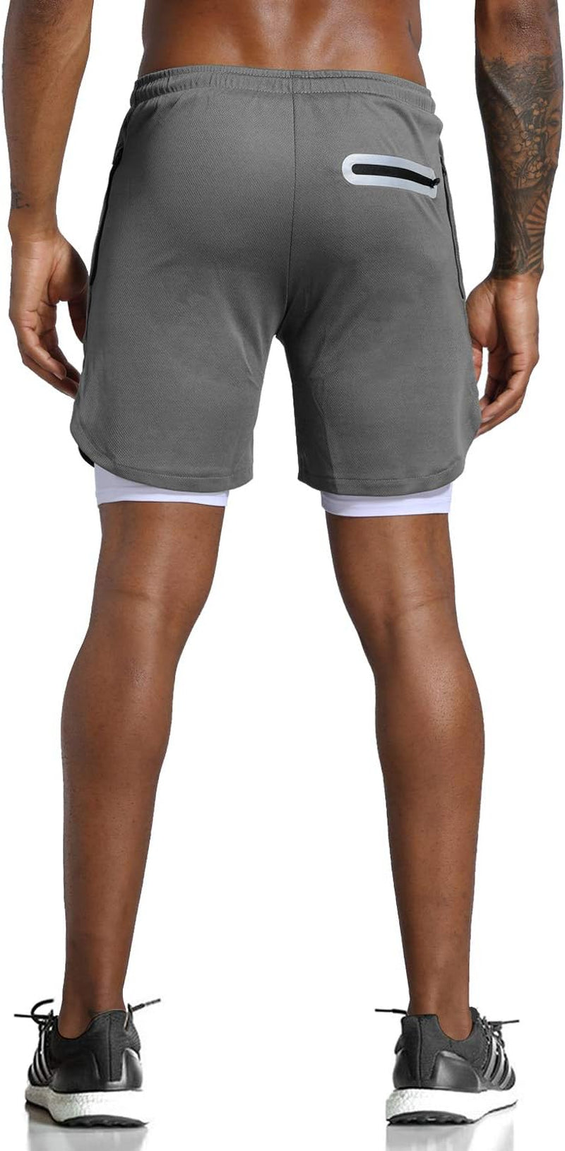 Men'S 2 in 1 Workout Running Shorts Lightweight Training Yoga Gym 7" Short with Zipper Pockets