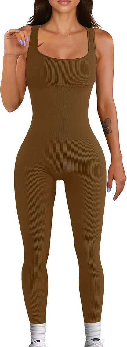 Women Workout Seamless Jumpsuit Yoga Ribbed Bodycon One Piece Tank Top Leggings Romper