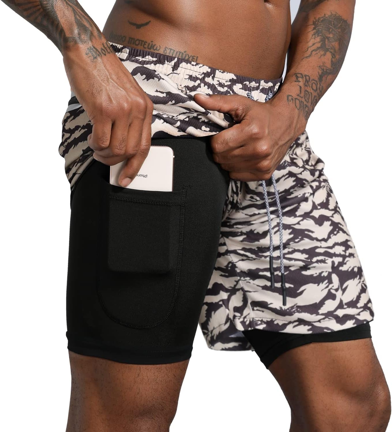 Men'S 2 in 1 Workout Running Shorts Lightweight Training Yoga Gym 7" Short with Zipper Pockets