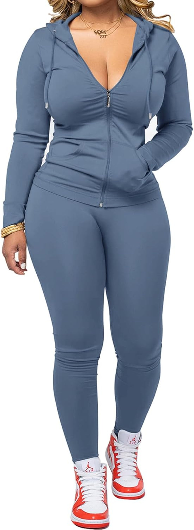 Women Two Piece Outfits Workout Sets Bodycon Tracksuit Long Sleeve Zip up Hoodie Jacket Jogger Matching Sweat Pants Set