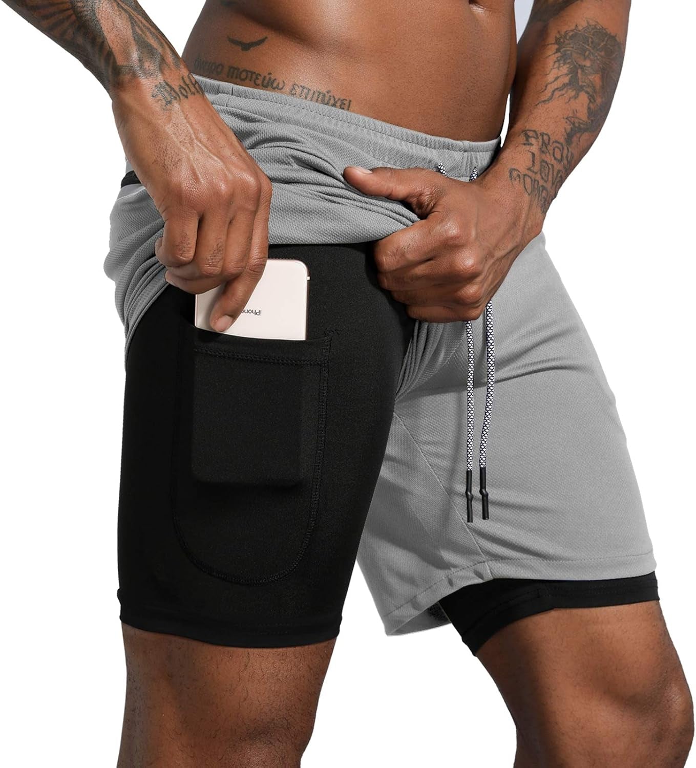 Men'S 2 in 1 Workout Running Shorts Lightweight Training Yoga Gym 7" Short with Zipper Pockets