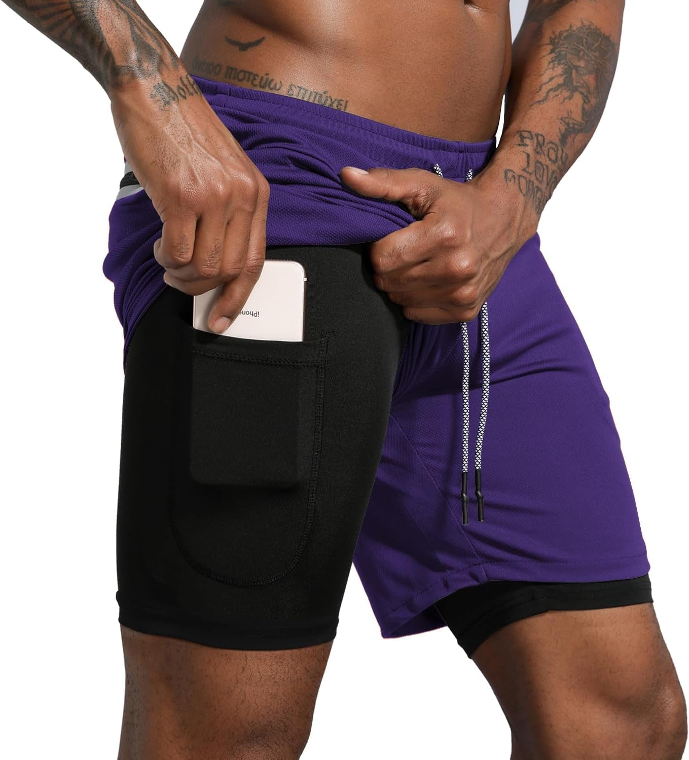 Men'S 2 in 1 Workout Running Shorts Lightweight Training Yoga Gym 7" Short with Zipper Pockets