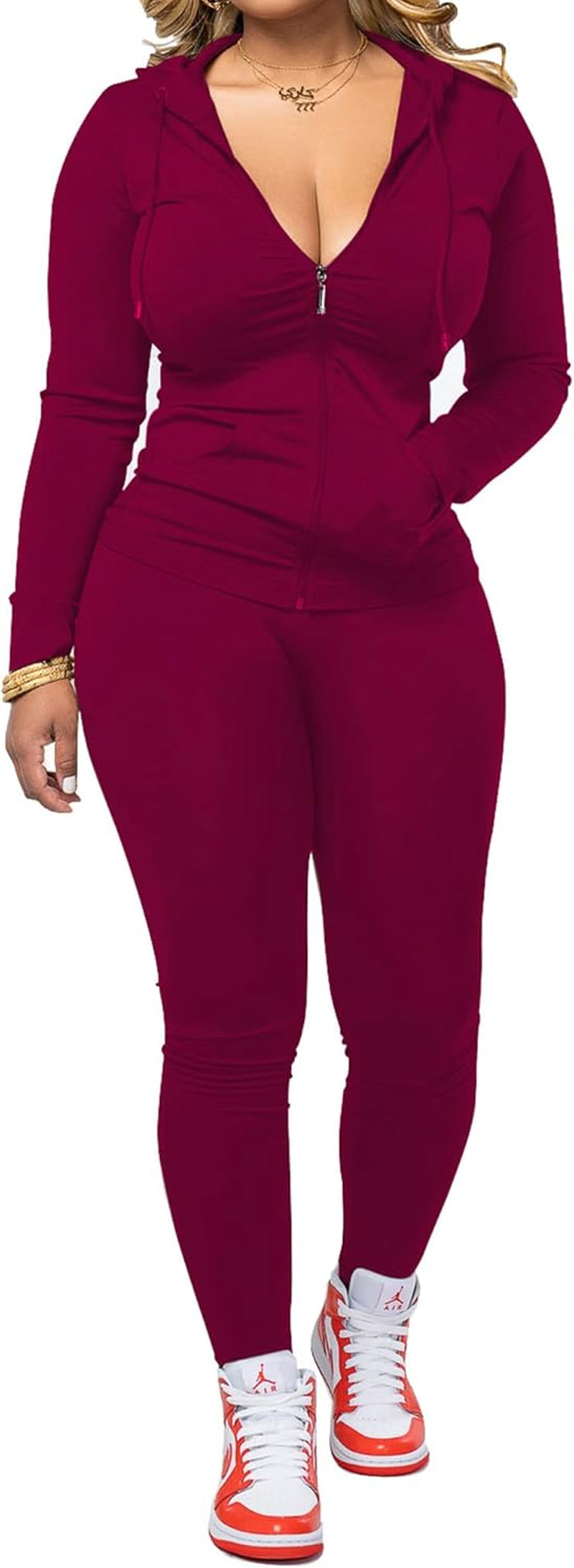 Women Two Piece Outfits Workout Sets Bodycon Tracksuit Long Sleeve Zip up Hoodie Jacket Jogger Matching Sweat Pants Set