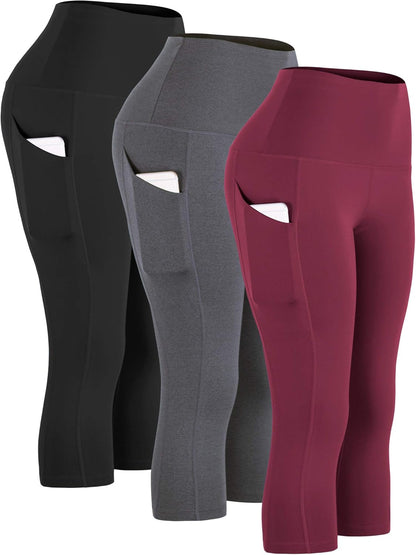 Womens High Waist Workout Legging Capris for Yoga W Side Pockets