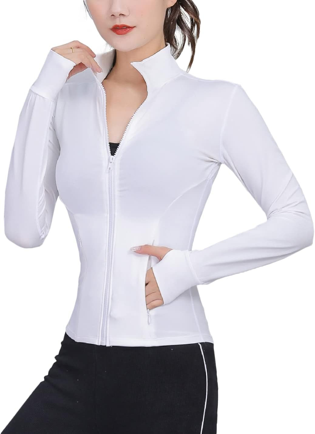 Womens Lightweight Full Zip Running Track Jacket Workout Slim Fit Yoga Sportwear with Thumb Holes