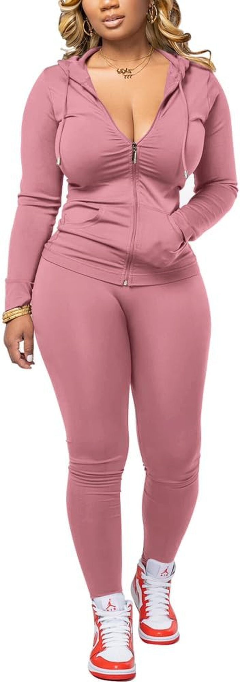 Women Two Piece Outfits Workout Sets Bodycon Tracksuit Long Sleeve Zip up Hoodie Jacket Jogger Matching Sweat Pants Set