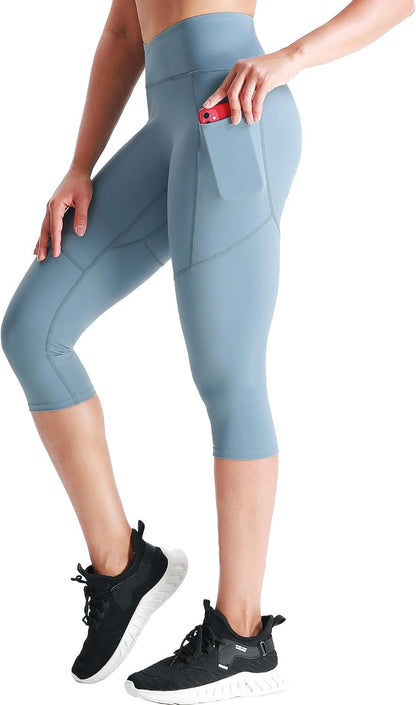 Womens High Waist Workout Legging Capris for Yoga W Side Pockets