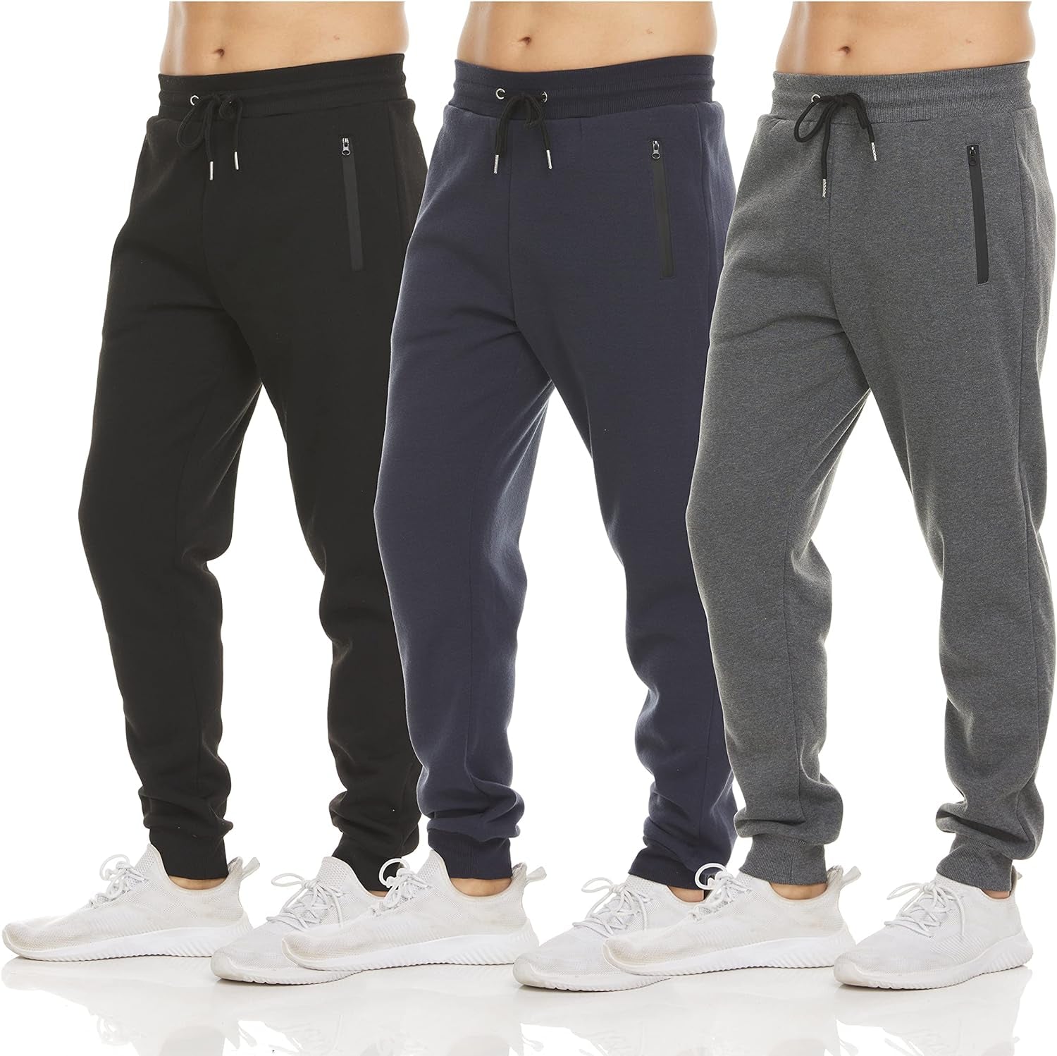 Mens 3 Pack Fleece Active Athletic Workout Jogger Sweatpants for Men with Zipper Pocket and Drawstring Size S-3XL