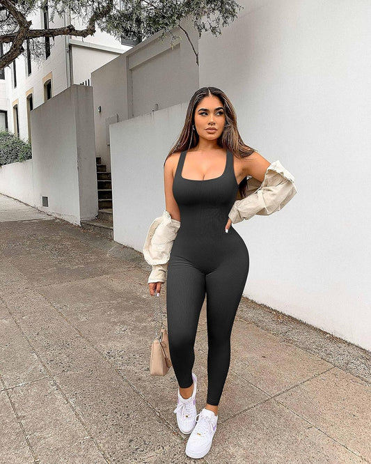 Women Workout Seamless Jumpsuit Yoga Ribbed Bodycon One Piece Tank Top Leggings Romper