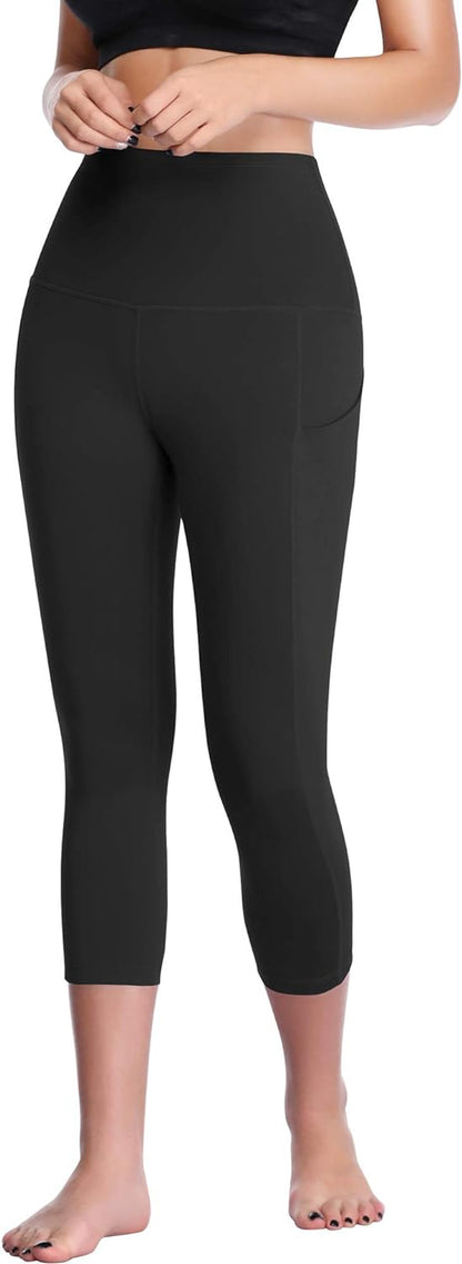 Womens High Waist Workout Legging Capris for Yoga W Side Pockets